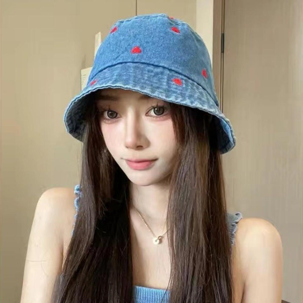 Love Heart Embroidery Denim Fisherman Hat Retro Sun Protection Hat Fashion Bucket Hat Women