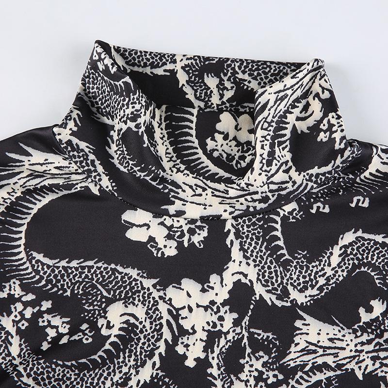 Модные трендовые женские стильные укороченные топы с принтом дракона, тонкая футболка с длинным рукавом и высоким воротником, узкие футболки на весну и осень