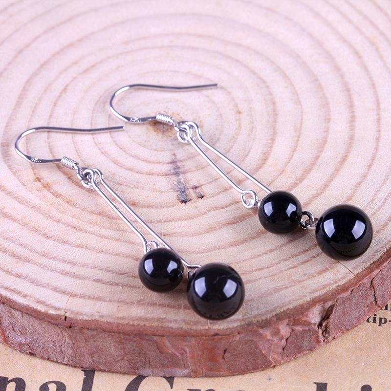 Женские корейские модные элегантные посеребренные 925 пробы, антиаллергенные 4 черных и красных агатовых бусины, висячие / висячие серьги-крючки, женские украшения для ушей, рождественский подарок
