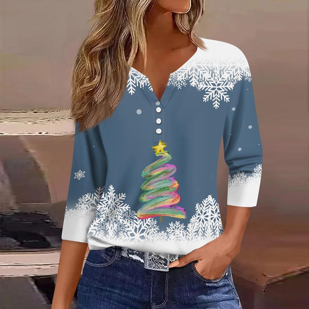 Жен. Футболка Футболка С принтом Пуговицы Рукав 3/4 Повседневные Выходные Мода Классический Классический V-образный вырез Обычный Верх