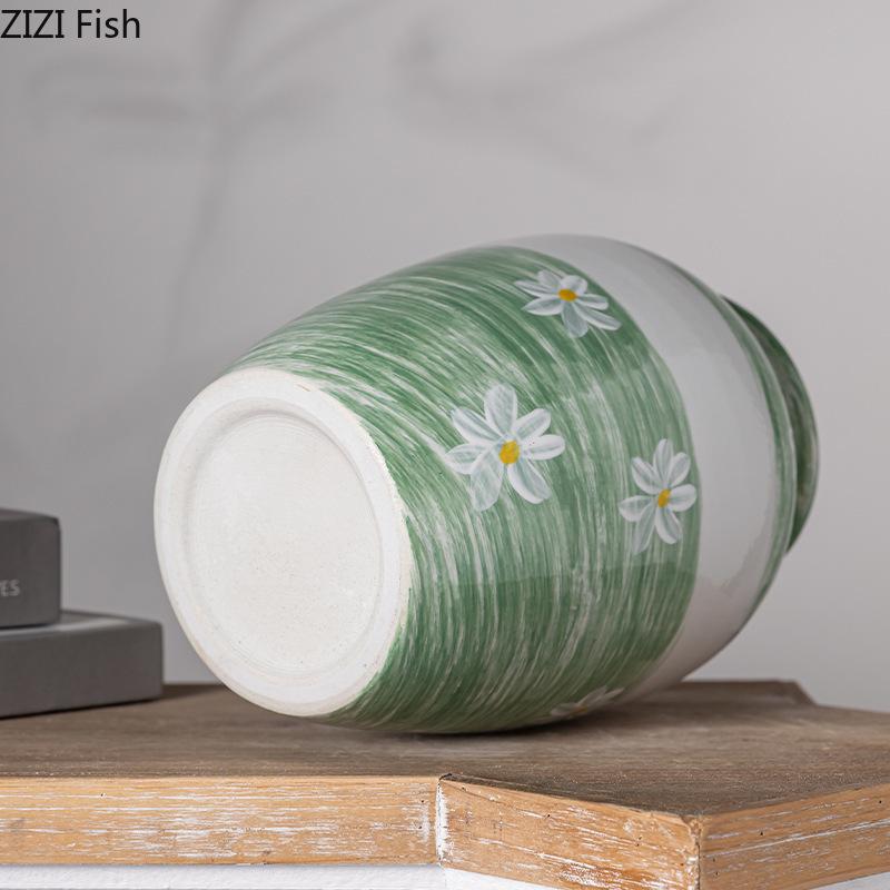 White Flower Painted Ceramic Vase Potted Plant Table Decoration Ornament Flower Arrangement Floral Vases Room Aesthetic Decor