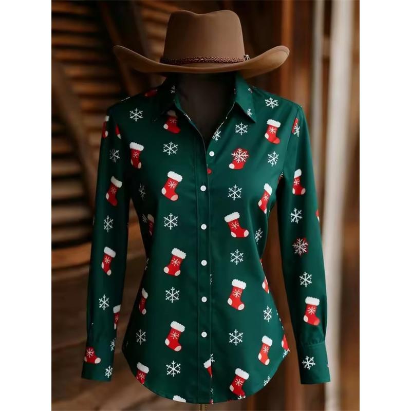 Christmas Party Blouse Women's Santa Claus 3D Printed Long Sleeve Shirts Casual Blouse Button-Up Autumn Tops For Women