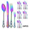 24Pcs Rainbow Dinnerware Cutlery Set Stainless Steel Kitchen Flatware Knife Fork Spoon Cake Fork Vintage Royal Tableware Set