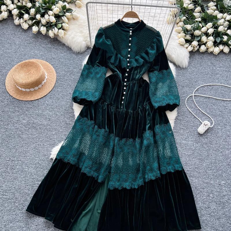 Платья High Street Женские ретро кружевные пэчворк золотые бархатные платья с французской жемчужной пряжкой длиной до талии винтажные шикарные платья