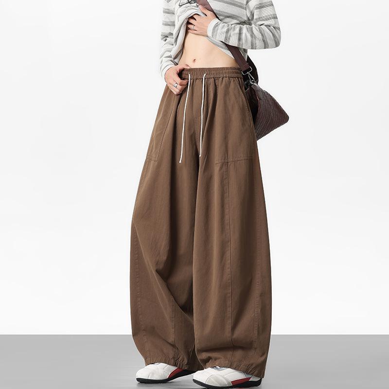 Men Spring Autumn Vintage Cotton Cargo Pants Casual Drawstring Waist Wide leg Pants Street Cityboy Trousers