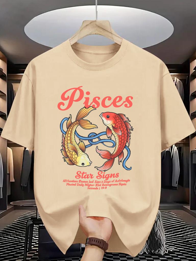 Unisex O Neck Tee Pisces Koi Fish Zodiac Print Cotton Short Sleeve Loose Summer Street Breathable Daily Casual Basic Wear Top