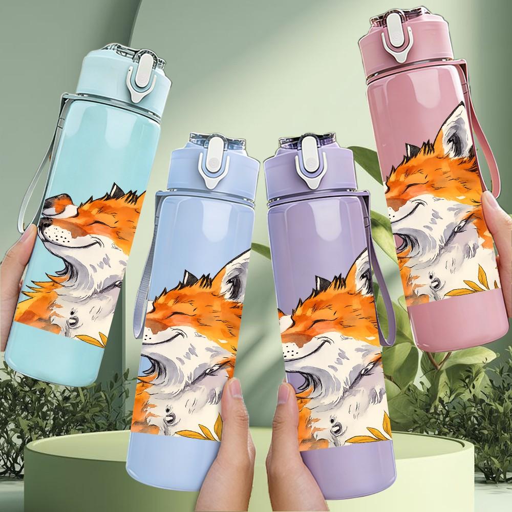 1PC Cute Fox Head Portrait Print 750ml Color Plastic Sports Water Bottle Leakproof Flip Straw Lid Suitable for Sports Office Home Use