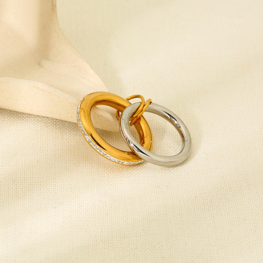 ins zircon inlaid double-layer gold and silver contrasting color stacked ring stainless steel plated 18k gold plain ring waterproof jewelry