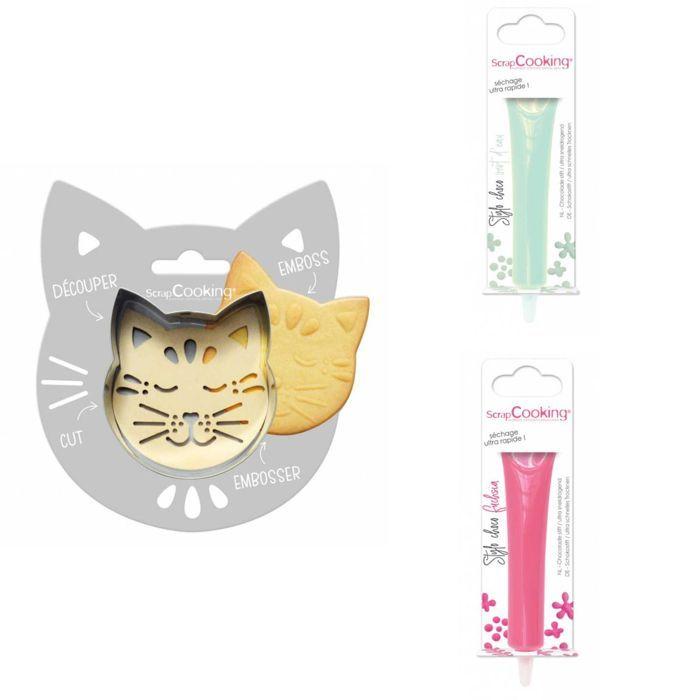 Kit pour biscuit en relief Chat + 2 Stylos au chocolat vert d'eau et fuchsia