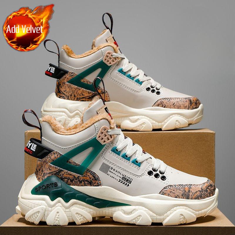 Мужские Новые Высокие Кроссовки на Флисе в Стиле "Dad Shoes" На Шнуровке Теплые Повседневные Универсальные Молодежные Студенческие Спортивные Хлопковые Зимние Обувь Мода