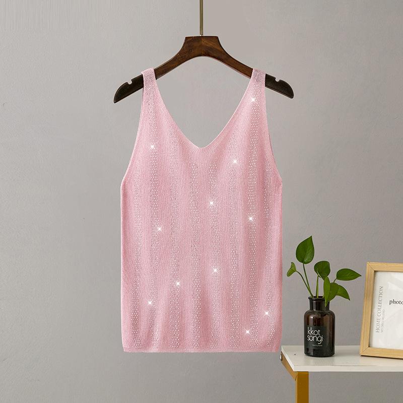 Женская летняя вязаная майка из ледяного шелка с яркой нитью и V-образным вырезом, облегающая майка