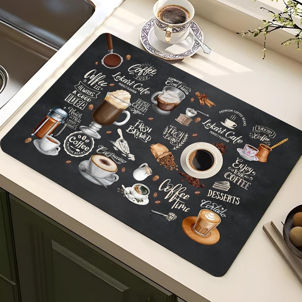 Классический кофейный дизайн Коврик для сушки посуды Мягкая резина Нескользящий Впитывающий Полиэстер Устойчивый к пятнам Для кухни Кофейный бар Столешница