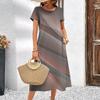 Yoʻlli naqshli elegant O-boʻyinli qisqa yengli ayollar koʻylagi A-siluetli koʻylaklar Yozgi moda Kundalik katta oʻlchamdagi kiyim
