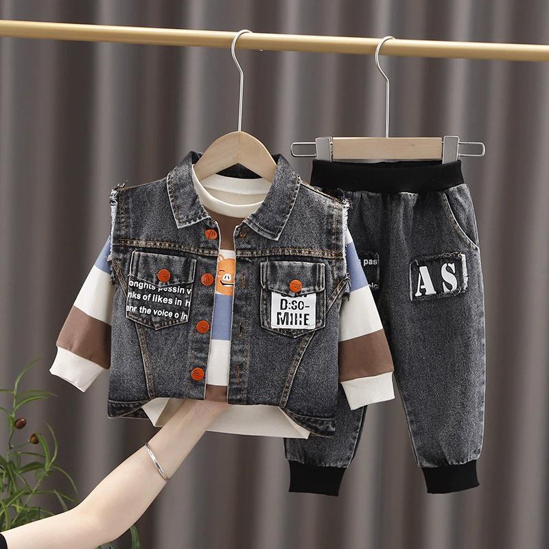 Boys Spring Summer and Autumn Thin Section Lapel Waistcoat + Long-sleeved Shirt + Wide-legged Trousers Casual Denim Three-piece Set