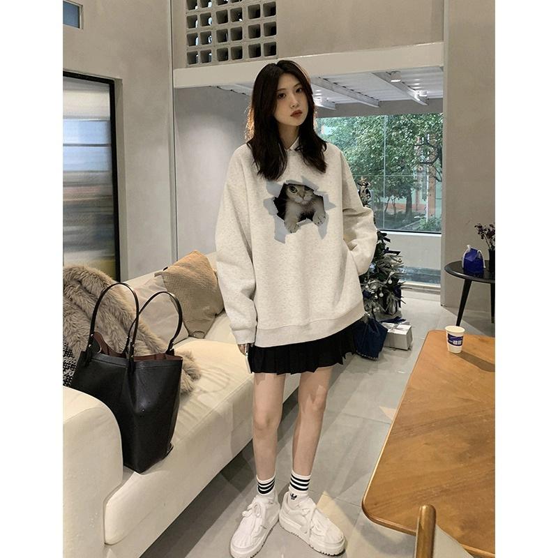 Осенне-зимний круглый вырез большого размера свободный женский парный свитер с длинным рукавом с подкладкой