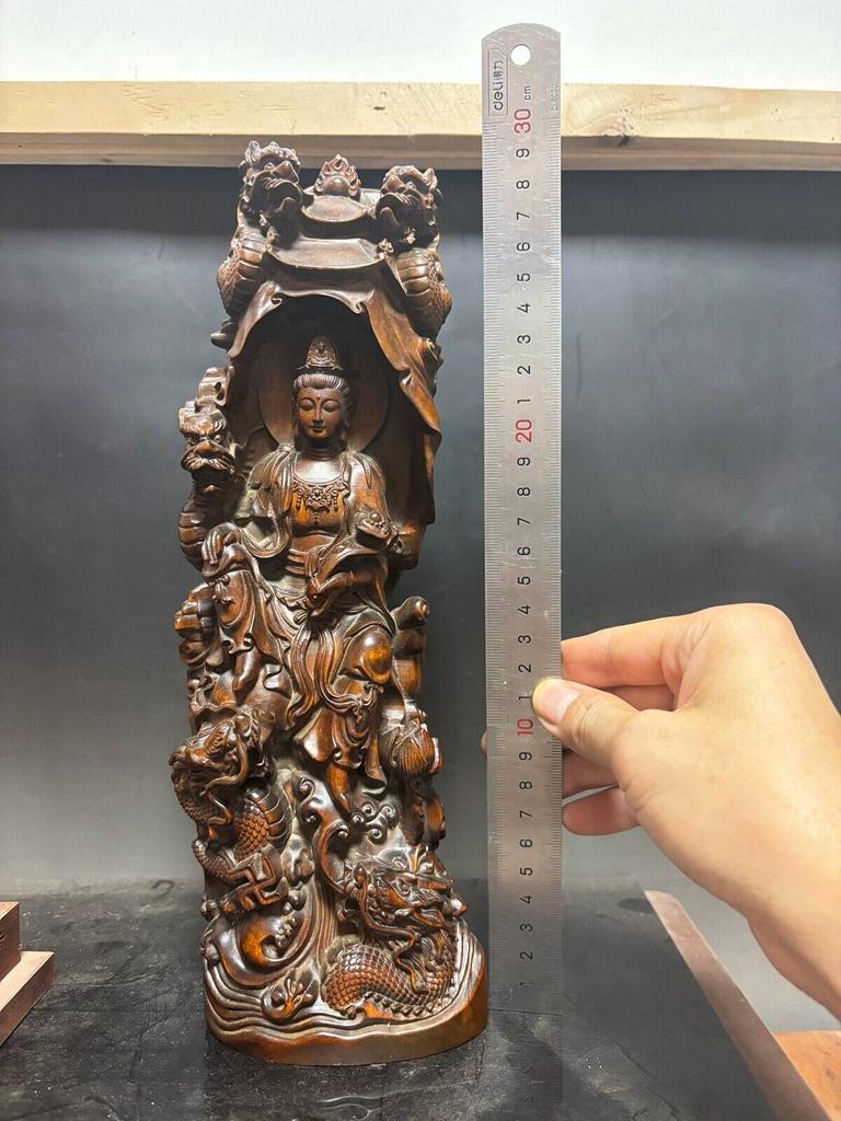Kwan Yin Dragon Wooden Figurine Carved Home Decor Buddha Guanyin Statue Large