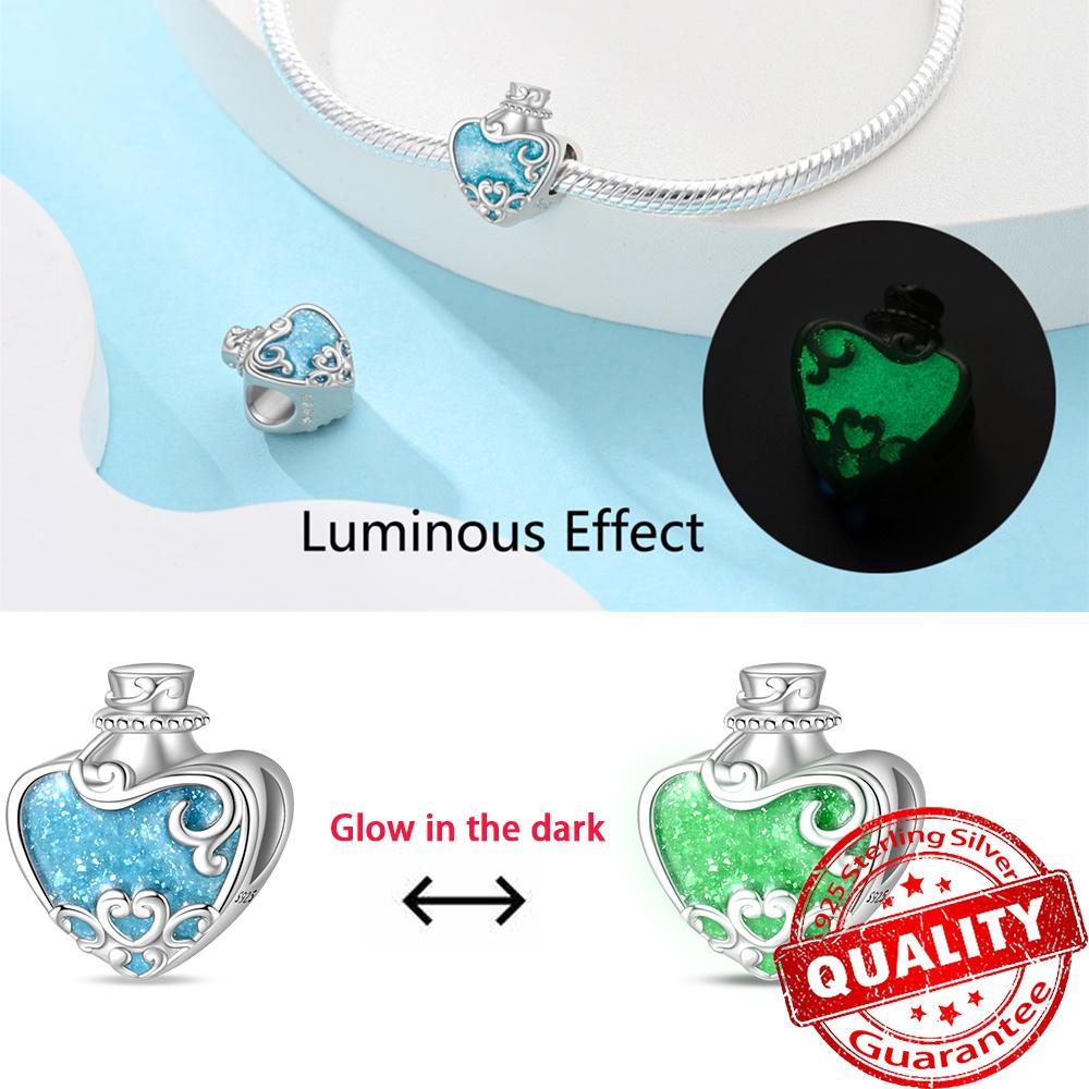 Original 925 Sterling copper Glow-in-the-dark Green Zircon Heart Butterfly & Spinning Ball Dangle Charm Fits Original Bracelet