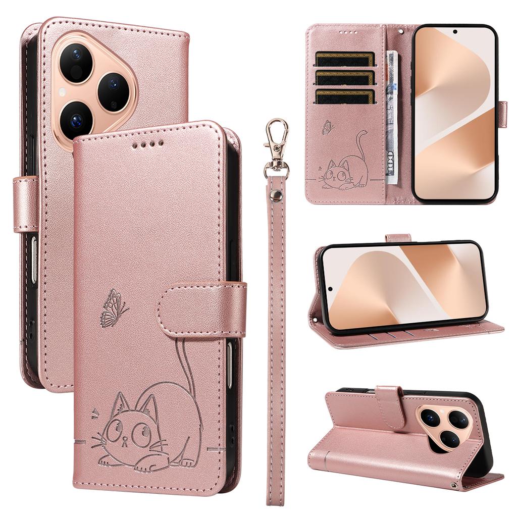 For Huawei Pura 80 Case Cat Pattern Imprint Leather Phone Cover with Wrist Strap