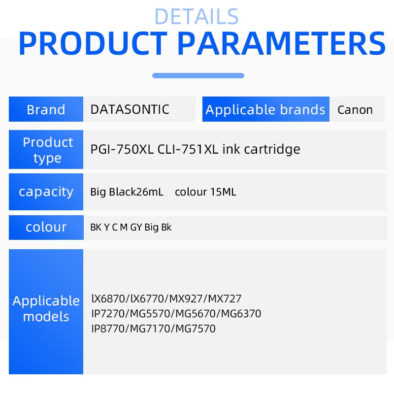 PGI-750XL CLI-751XL Ink Cartridge, For Canon lX6870 lX6770 MX927 MX727 IP7270 MG5570 MG5670 MG6370 IP8770 MG7170 MG7570 Printer