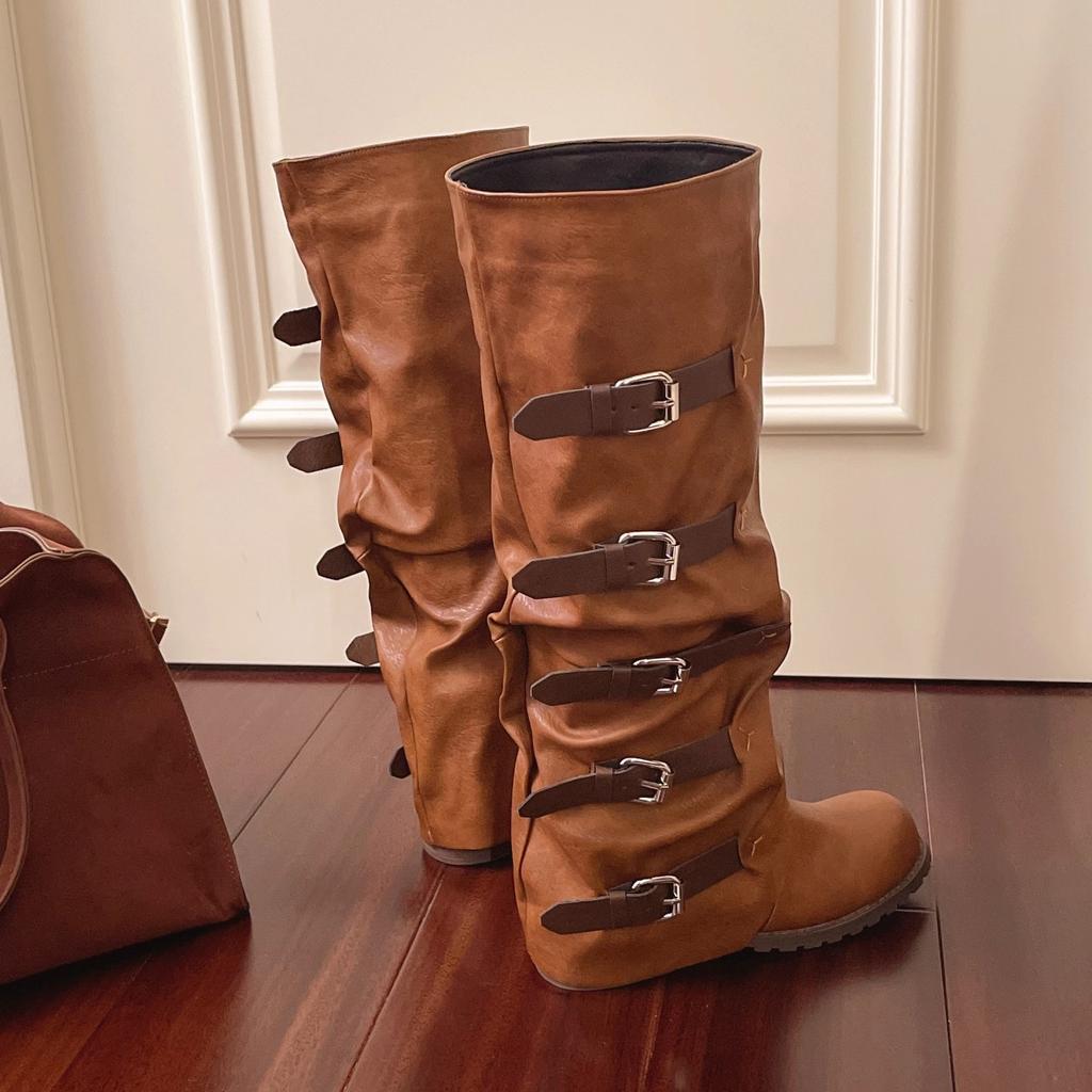 Vintage Belt Buckle Trouser Tube Western Cowboy Boots Women's Medieval Stacking Boots Bundle Thick Sole Heightening Long Tube Martin Boots