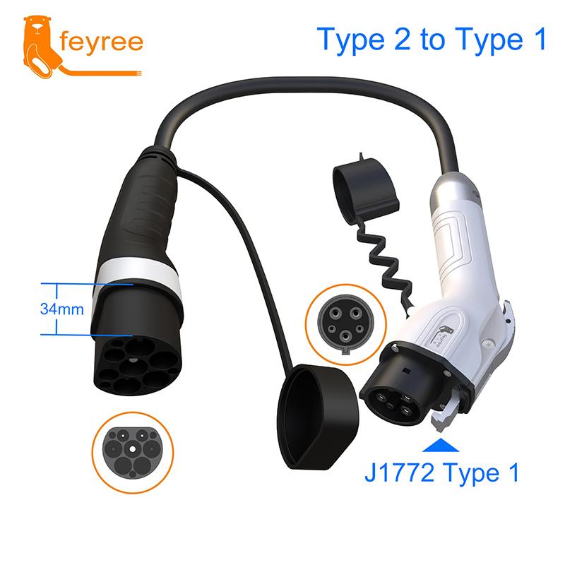 Feyree Car EVSE Charger Plug 16A 3.5kW 32A 7kW Type2 to Type1 J1772 Cord Charging Cable Adapter for EV Charging Station Electric