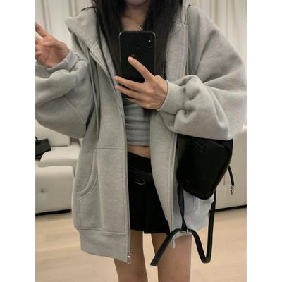 Женская серая толстовка с капюшоном на флисовой подкладке, свободная повседневная куртка на молнии, осенне-зимняя, теплая, уютная, оверсайз