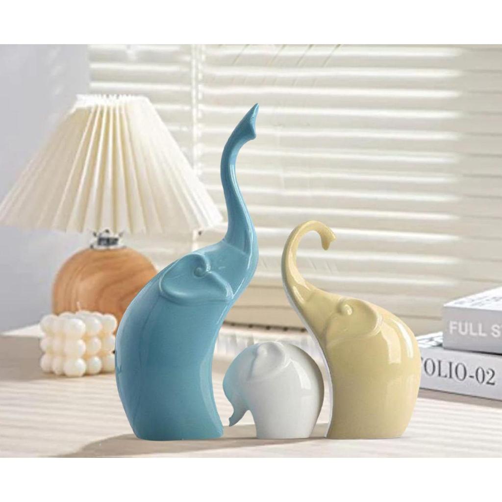 Beautiful Ceramic Multicolour 3 Pcs Elephant Family for Home Decor (Pack of 1, Multicolor)