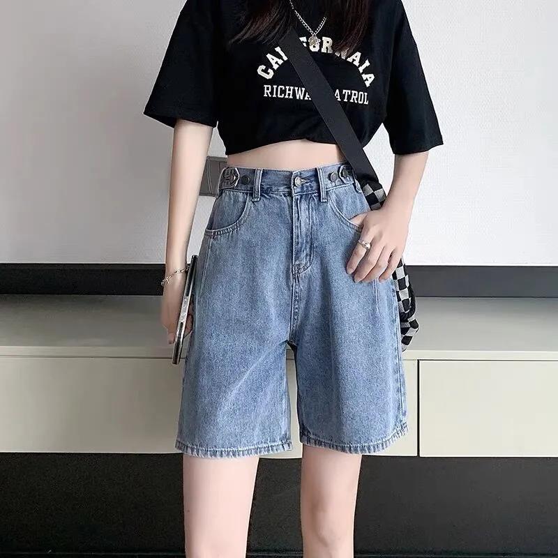 Джинсовые шорты женские летние большие размеры Design Sense с высокой талией прямые брюки свободные широкие брюки с застежкой-пятью