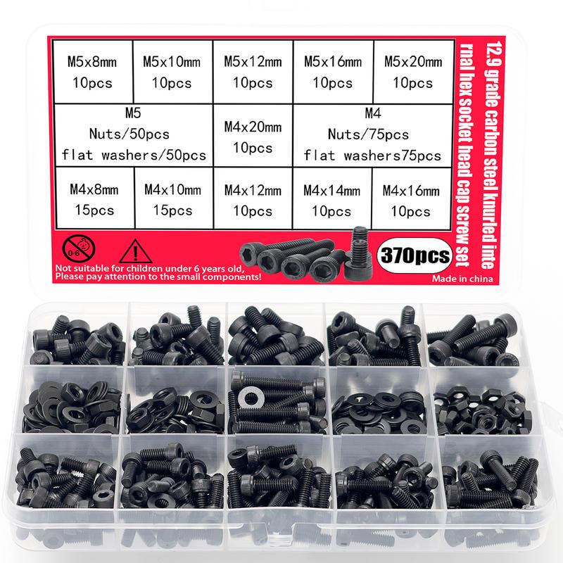 370pcs/12.9 grade black hex socket head cap screws, nuts, and flat washers set; DIN912 metric bolt fastener set; M4 and M5 bolts