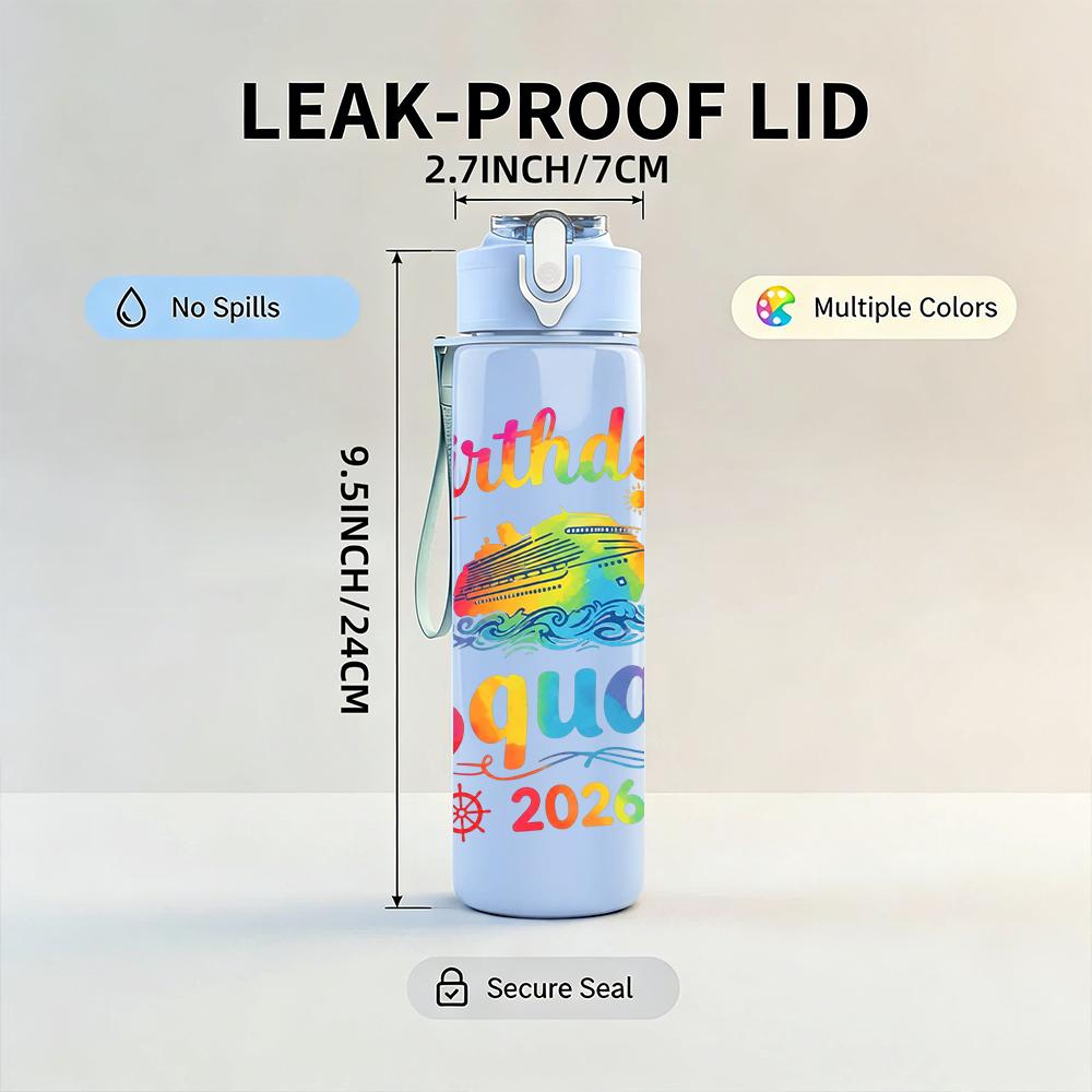 1PC Birthday Squad 2026 Letter Art 750ml Color Plastic Water Bottle Leakproof Flip Straw Lid For Sports Office Home Use