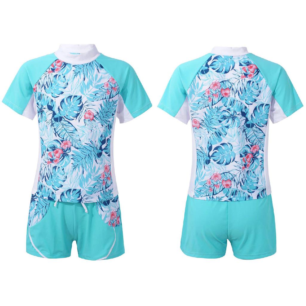 Kids Girls Rash Guard Flower Printed Tankini Set T-Shirt with Swim Short Pants Swimsuit Bathing Suit