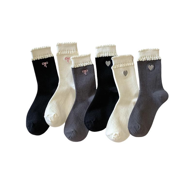 Women's Spring, Autumn and Winter Pure Cotton Mid-calf Socks, Cute Bubble Lace Pile Long Socks