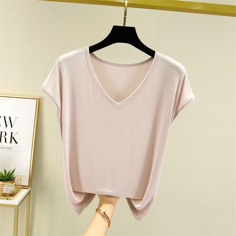 Solid V Neck Basic Tshirt Women Summer Modal Loose Tee Tops Casual Undershirt