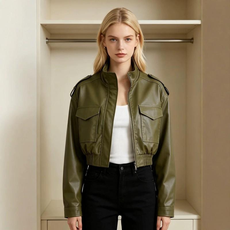 Womens Faux Leather Biker Jacket With Stand Collar Front Pockets Short Length Street Style