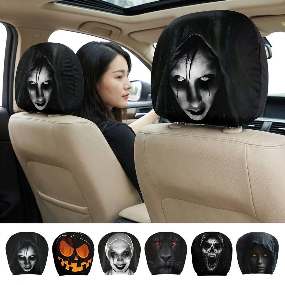 2Pcs Soft Comfortable Spooky Face Auto Headrest Sleeve Stretch Headrest Protector All Seasons