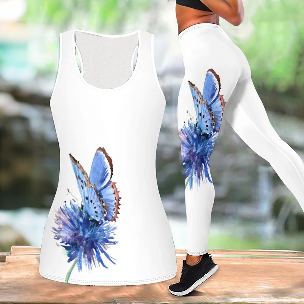 Комплект для йоги с принтом бабочек для женщин, модные леггинсы для тренировок, фитнес, спорт, повседневный комплект для йоги, спортивный костюм