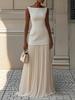 Women's Elegant Beige Sleeveless Top with Pleated Midi Skirt Set