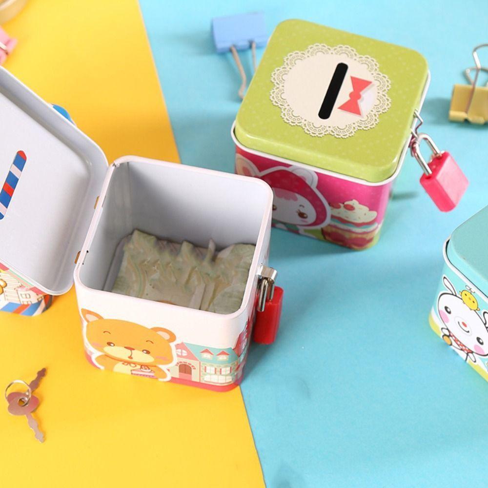 With Lock Square Change Jar Cute Metal Jewelry Box Simple Cartoon Piggy Bank Home Decor