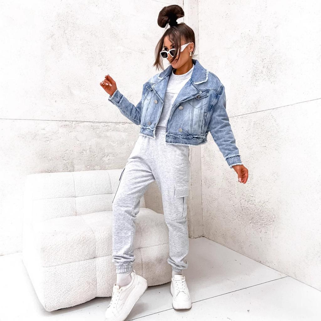 IHUASU Весна Осень Костюмный Воротник Пиджак Свободный Стираный Оборками Джинсовая Женская Пальто С Длинными Рукавами