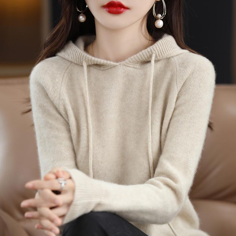 Camel Hooded Sweater Solid Color Pullover Knit Hoodie Drawstring Loose Fit Casual Top