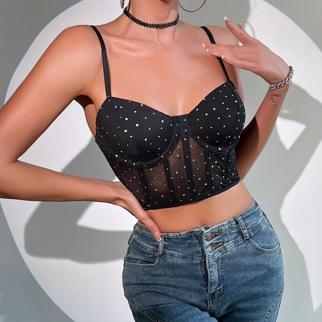 Sequined Fishbone Steel Ring Sexy Nightclub Crop Top