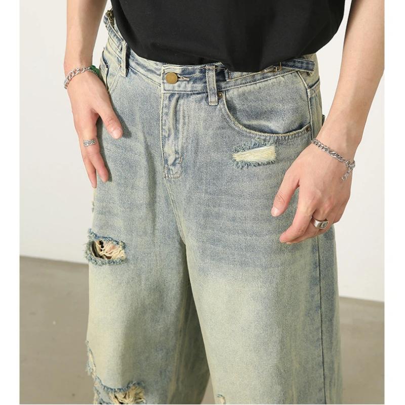 Мужские джинсы в корейском ретро-стиле, молодежные стритвир, широкие, мешковатые, рваные, полной длины, потертые, стирка деним