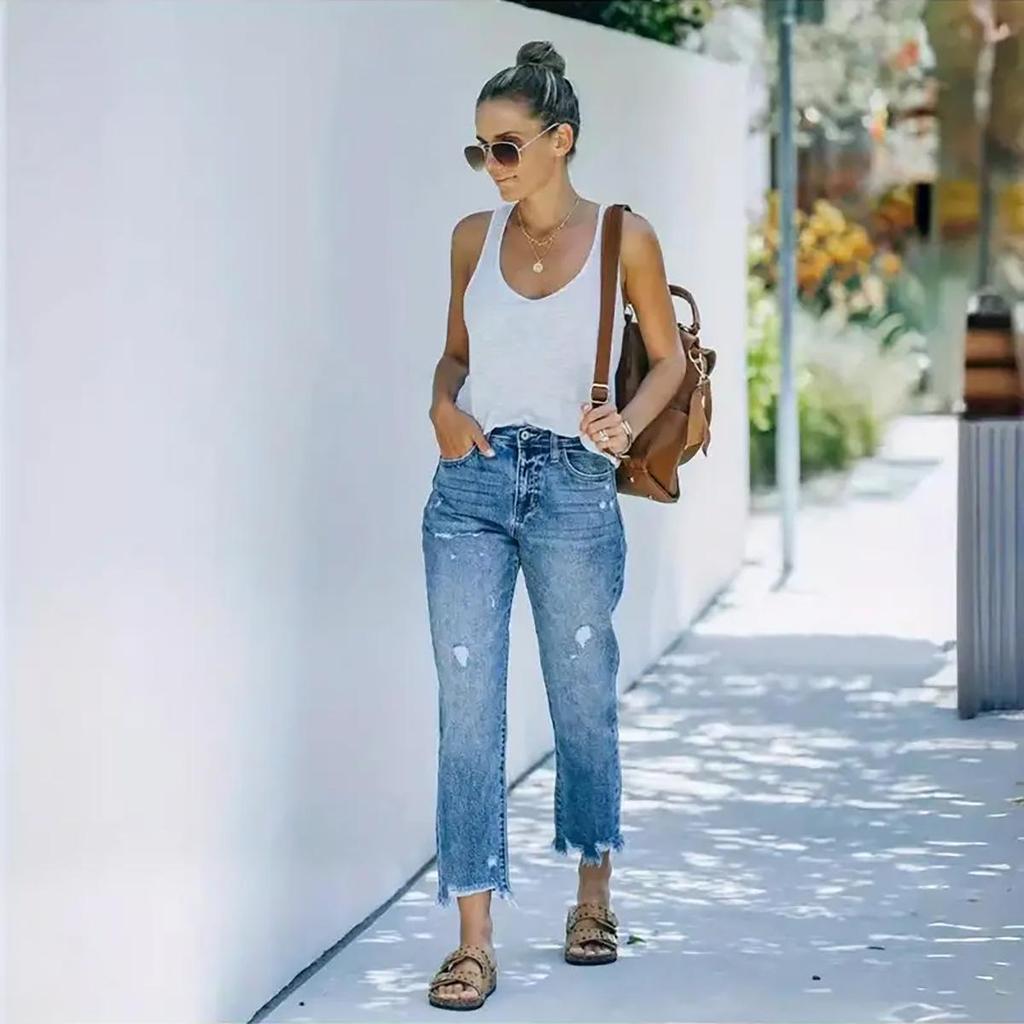 2025 Женские рваные повседневные джинсы-дудочки длиной до щиколотки