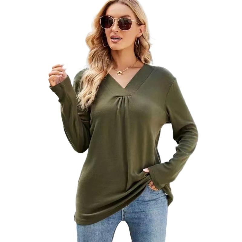 Осенние повседневные футболки с V-образным вырезом, плиссировкой, длинным рукавом, свободного кроя, женские
