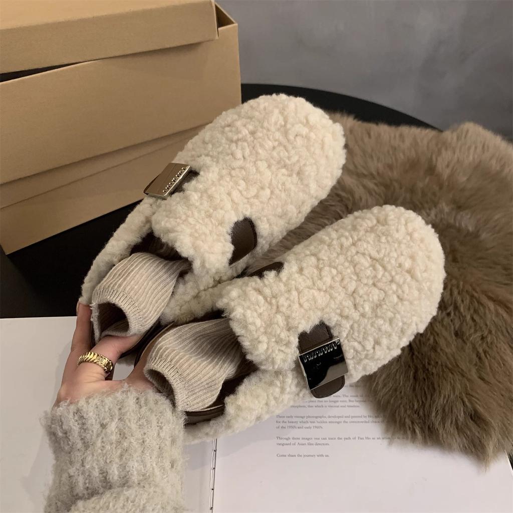 Обувь из овечьей шерсти женская зимняя 2024 новая корейская версия ретро плоские туфли-лодочки женские бархатные хлопковые туфли