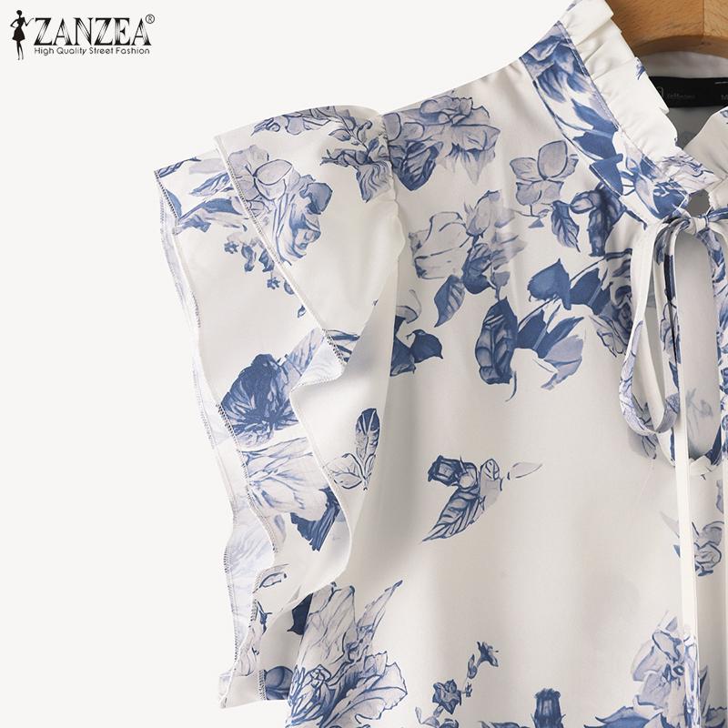 ZANZEA Женская повседневная летняя блузка с воротником-стойкой и оборками