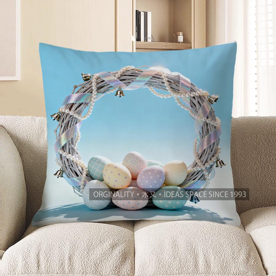 2D Wreath With Decorated Eggs Throw Pillow Pattern Cushion Cover Suitable For Sofa Bedroom Car Pillow Cover
