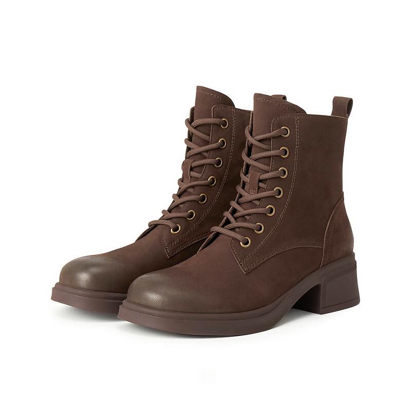 BELLE Women's Leather Block Heel Lace-Up Martin Boots