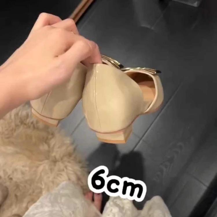 Inner heightening version~ French square head metal buckle shallow mouth single shoes femininity hollow leather one pedal commuter sandals