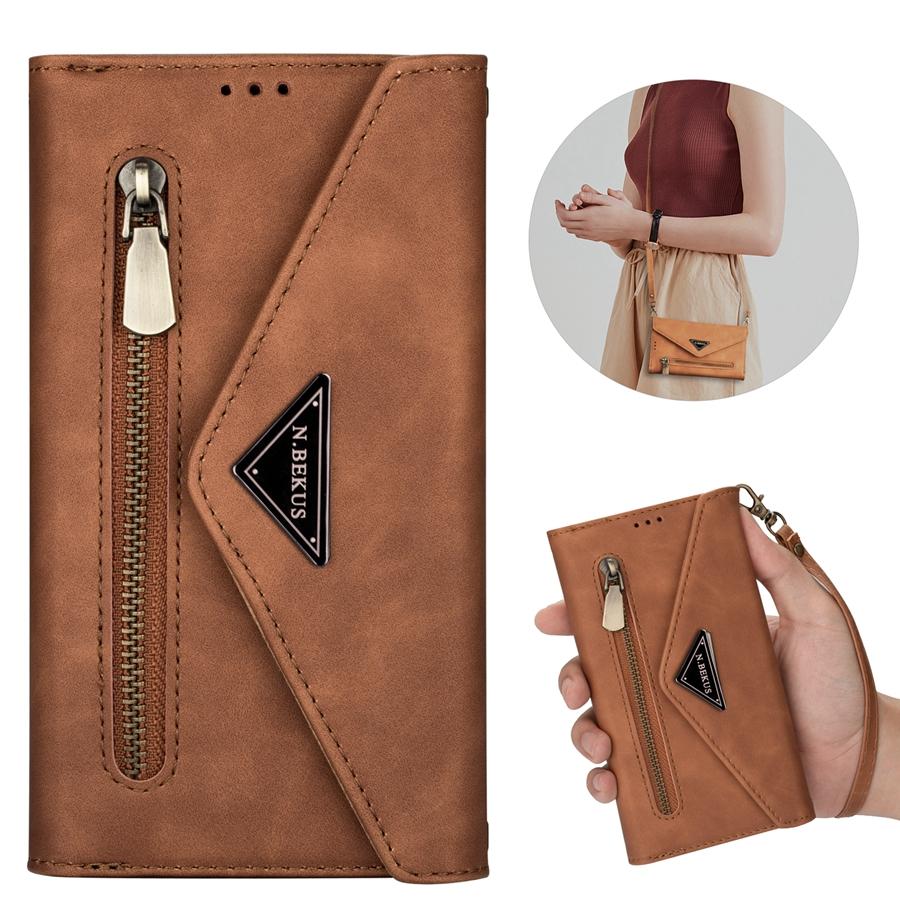 Wallet Skin-feeling Multi-card Zipper With Lanyard Leather Case For iPhone 14 Pro Max Samsung Galaxy A13 A33 A53 Xiaomi Redmi Note 11 Huawei P30 Lite